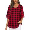 imageNinedaily Womens Tops 34 Sleeve Blouses Dressy Casual Double Layers Mesh Tunic ShirtsBlack Red Plaid