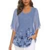 imageNinedaily Womens Tops 34 Sleeve Blouses Dressy Casual Double Layers Mesh Tunic ShirtsBlue Floral