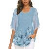 imageNinedaily Womens Tops 34 Sleeve Blouses Dressy Casual Double Layers Mesh Tunic ShirtsCyan