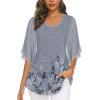 imageNinedaily Womens Tops 34 Sleeve Blouses Dressy Casual Double Layers Mesh Tunic ShirtsGray Floral