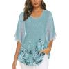imageNinedaily Womens Tops 34 Sleeve Blouses Dressy Casual Double Layers Mesh Tunic ShirtsLight Green