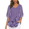 imageNinedaily Womens Tops 34 Sleeve Blouses Dressy Casual Double Layers Mesh Tunic ShirtsPurple