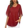 imageNinedaily Womens Tops 34 Sleeve Blouses Dressy Casual Double Layers Mesh Tunic ShirtsSparkly Red
