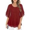 imageNinedaily Womens Tops 34 Sleeve Blouses Dressy Casual Double Layers Mesh Tunic ShirtsSparkly Red