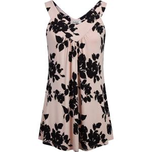 imageNinedaily Women Comfy Sleeveless Tunic Top Pleated V Neck Tanks Vest SummerBlack Floral