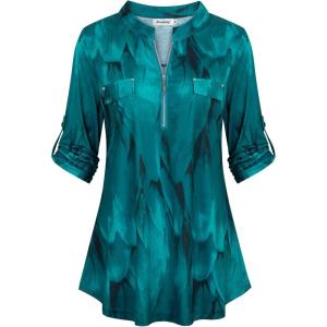 imageNinedaily Womens 34 Sleeve Plaid Shirts Zip Floral Casual Tunic Blouse TopsApeacock Blue