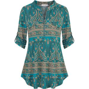 imageNinedaily Womens 34 Sleeve Plaid Shirts Zip Floral Casual Tunic Blouse TopsAquabeige