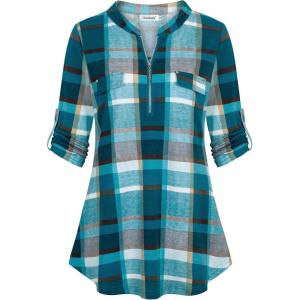 imageNinedaily Womens 34 Sleeve Plaid Shirts Zip Floral Casual Tunic Blouse TopsAturquoise