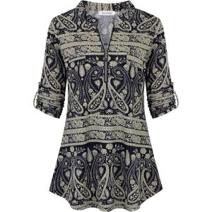 imageNinedaily Womens 34 Sleeve Plaid Shirts Zip Floral Casual Tunic Blouse TopsBeige Black