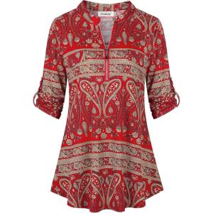 imageNinedaily Womens 34 Sleeve Plaid Shirts Zip Floral Casual Tunic Blouse TopsBeige Red