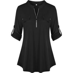 imageNinedaily Womens 34 Sleeve Plaid Shirts Zip Floral Casual Tunic Blouse TopsBlack