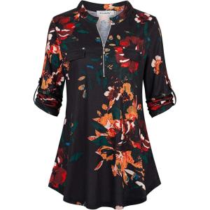 imageNinedaily Womens 34 Sleeve Plaid Shirts Zip Floral Casual Tunic Blouse TopsBlack Orange
