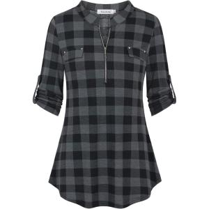imageNinedaily Womens 34 Sleeve Plaid Shirts Zip Floral Casual Tunic Blouse TopsBlack Plaid