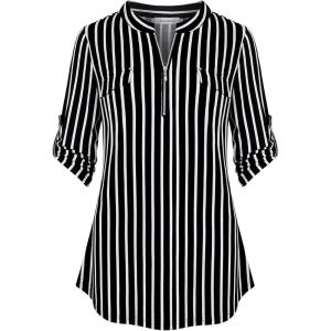 imageNinedaily Womens 34 Sleeve Plaid Shirts Zip Floral Casual Tunic Blouse TopsBlack Stripes