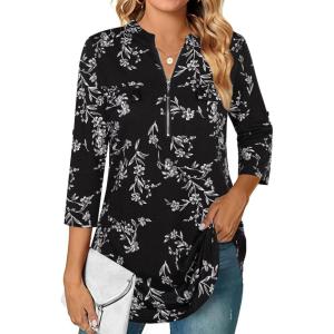 imageNinedaily Womens 34 Sleeve Plaid Shirts Zip Floral Casual Tunic Blouse TopsBlack White Floral
