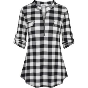 imageNinedaily Womens 34 Sleeve Plaid Shirts Zip Floral Casual Tunic Blouse TopsBlack White Plaid