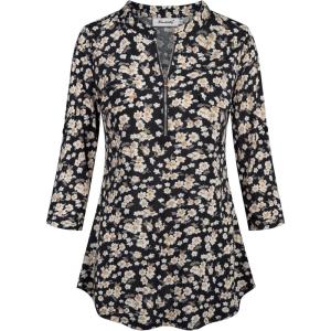imageNinedaily Womens 34 Sleeve Plaid Shirts Zip Floral Casual Tunic Blouse TopsBlackbeige