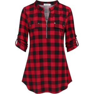 imageNinedaily Womens 34 Sleeve Plaid Shirts Zip Floral Casual Tunic Blouse TopsBlackredplaid