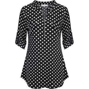 imageNinedaily Womens 34 Sleeve Plaid Shirts Zip Floral Casual Tunic Blouse TopsBlackwhitedot