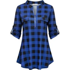 imageNinedaily Womens 34 Sleeve Plaid Shirts Zip Floral Casual Tunic Blouse TopsBlue Plaid