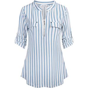 imageNinedaily Womens 34 Sleeve Plaid Shirts Zip Floral Casual Tunic Blouse TopsBluewhitestriped