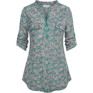 imageNinedaily Womens 34 Sleeve Plaid Shirts Zip Floral Casual Tunic Blouse TopsGreen