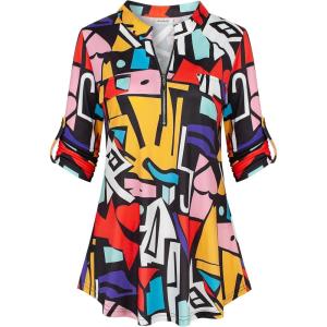 imageNinedaily Womens 34 Sleeve Plaid Shirts Zip Floral Casual Tunic Blouse TopsMulticolored