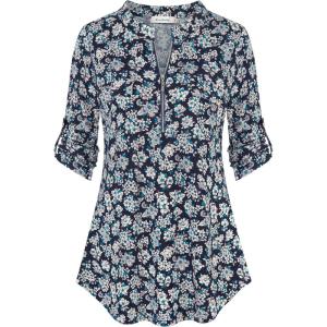 imageNinedaily Womens 34 Sleeve Plaid Shirts Zip Floral Casual Tunic Blouse TopsNavy