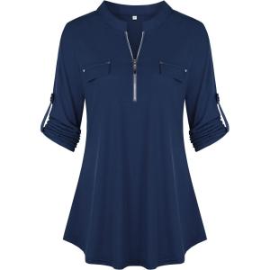 imageNinedaily Womens 34 Sleeve Plaid Shirts Zip Floral Casual Tunic Blouse TopsNavy Blue