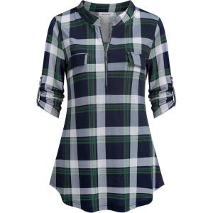 imageNinedaily Womens 34 Sleeve Plaid Shirts Zip Floral Casual Tunic Blouse TopsNavygreenplaid