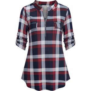 imageNinedaily Womens 34 Sleeve Plaid Shirts Zip Floral Casual Tunic Blouse TopsNavywhitered Plaid