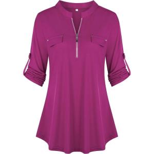 imageNinedaily Womens 34 Sleeve Plaid Shirts Zip Floral Casual Tunic Blouse TopsPurple