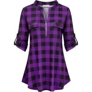 imageNinedaily Womens 34 Sleeve Plaid Shirts Zip Floral Casual Tunic Blouse TopsPurple Plaid