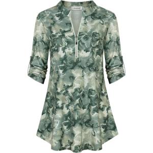 imageNinedaily Womens 34 Sleeve Plaid Shirts Zip Floral Casual Tunic Blouse TopsTie Dye Green