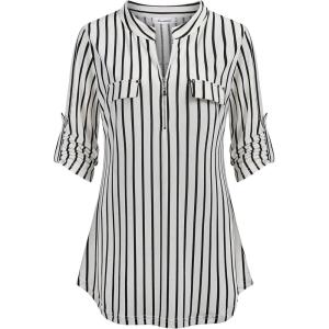 imageNinedaily Womens 34 Sleeve Plaid Shirts Zip Floral Casual Tunic Blouse TopsWhite
