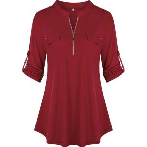 imageNinedaily Womens 34 Sleeve Plaid Shirts Zip Floral Casual Tunic Blouse TopsWine