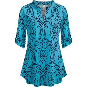 imageNinedaily Womens 34 Sleeve Plaid Shirts Zip Floral Casual Tunic Blouse TopsZturquoise