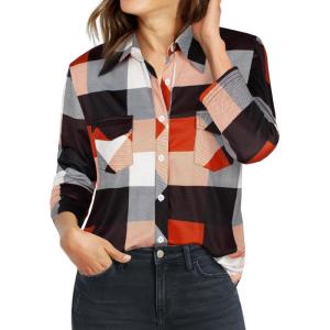imageNinedaily Womens Plaid Shirt Collared Button Down Blouse 34 Sleeve Tunic TopsOrange