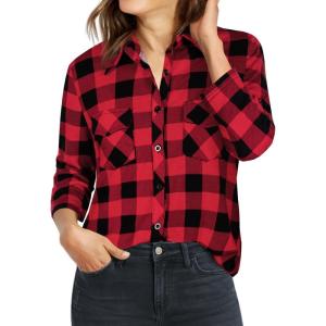imageNinedaily Womens Plaid Shirt Collared Button Down Blouse 34 Sleeve Tunic TopsRed
