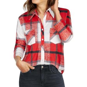 imageNinedaily Womens Plaid Shirt Collared Button Down Blouse 34 Sleeve Tunic TopsRed White