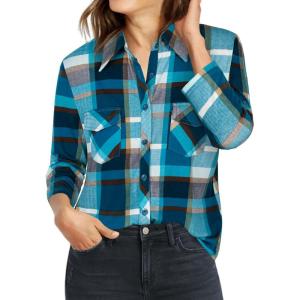 imageNinedaily Womens Plaid Shirt Collared Button Down Blouse 34 Sleeve Tunic TopsTurquoise