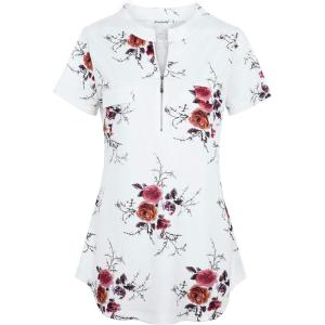 imageNinedaily Womens Summer Tops Short Sleeve Casual Blouse Zip Floral Tunic ShirtsAwhite