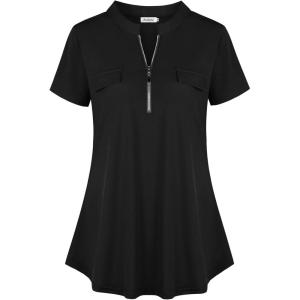 imageNinedaily Womens Summer Tops Short Sleeve Casual Blouse Zip Floral Tunic ShirtsBlack