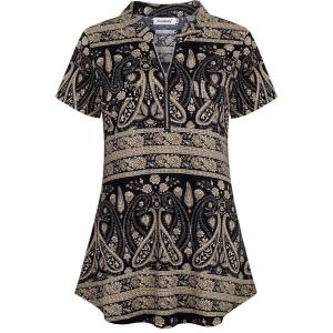 imageNinedaily Womens Summer Tops Short Sleeve Casual Blouse Zip Floral Tunic ShirtsBlack Beige