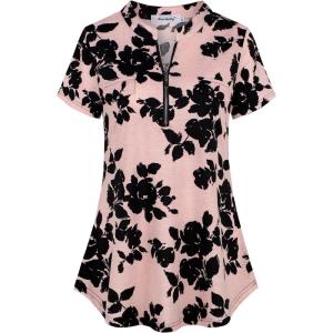 imageNinedaily Womens Summer Tops Short Sleeve Casual Blouse Zip Floral Tunic ShirtsBlack Floral