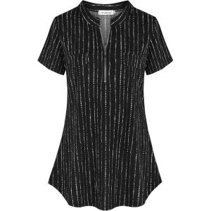 imageNinedaily Womens Summer Tops Short Sleeve Casual Blouse Zip Floral Tunic ShirtsBlack Striped
