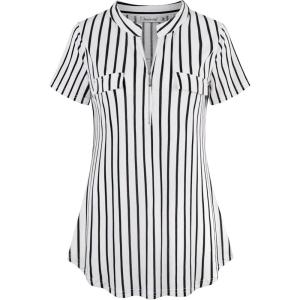 imageNinedaily Womens Summer Tops Short Sleeve Casual Blouse Zip Floral Tunic ShirtsBlackwhitestripe