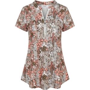 imageNinedaily Womens Summer Tops Short Sleeve Casual Blouse Zip Floral Tunic ShirtsBrown Green