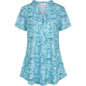 imageNinedaily Womens Summer Tops Short Sleeve Casual Blouse Zip Floral Tunic ShirtsCyan