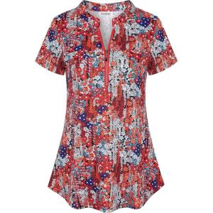 imageNinedaily Womens Summer Tops Short Sleeve Casual Blouse Zip Floral Tunic ShirtsMulticolored